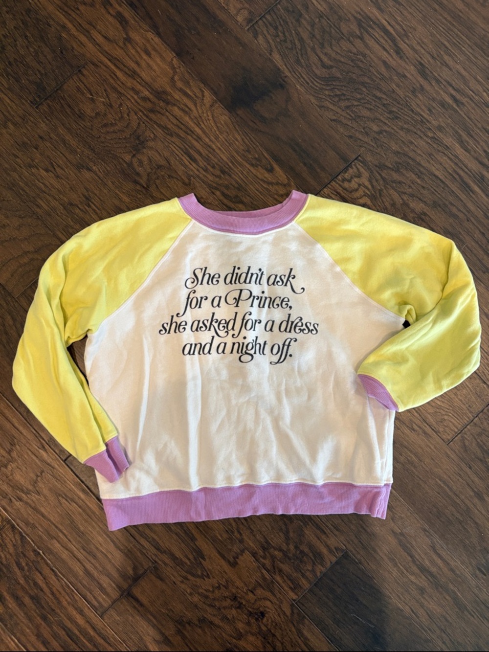 Wildfox White Raglan Sweatshirt with Yellow Sleeves & Pink Trim